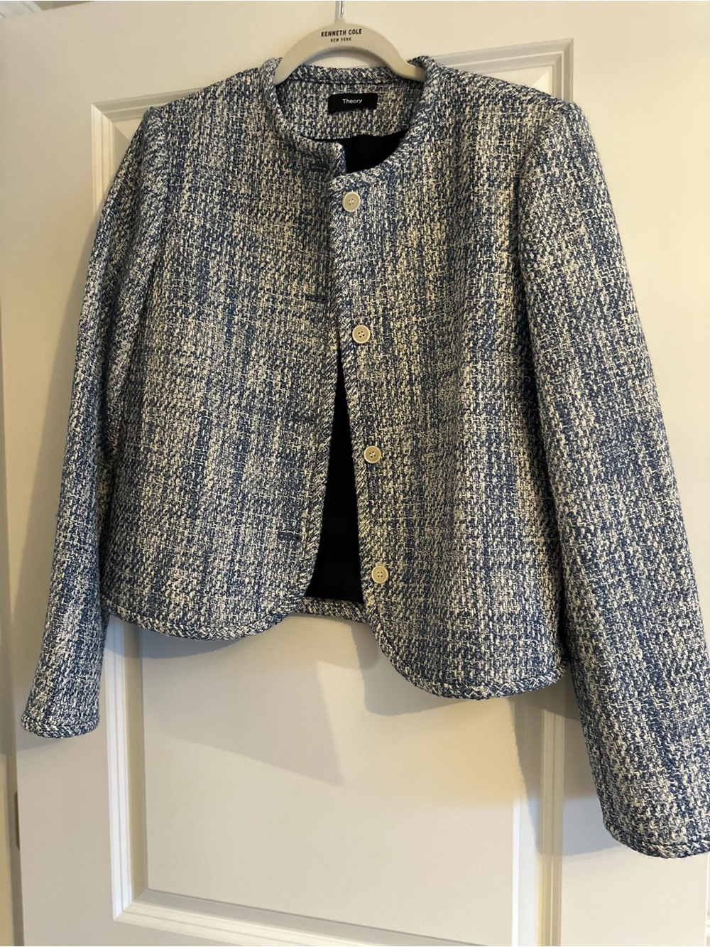 Theory Blue and White Tweed Collarless Blazer